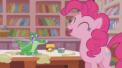 Size: 499x281 | Tagged: safe, screencap, character:gummy, character:pinkie pie, episode:the lost treasure of griffonstone, g4, my little pony: friendship is magic, animated, cute, derp, diapinkes, eyes closed, gummybetes, heart, kiss on the lips, kissing, mouth hold, platonic kiss, pronking, smiling, talking, wink