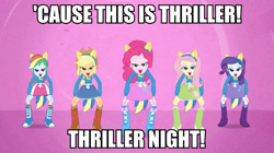 Size: 891x500 | Tagged: safe, screencap, character:applejack, character:fluttershy, character:pinkie pie, character:rainbow dash, character:rarity, my little pony:equestria girls, humane five, image macro, meme, michael jackson, song reference, thriller