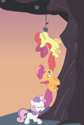 Size: 3358x5000 | Tagged: safe, screencap, character:apple bloom, character:scootaloo, character:sweetie belle, species:pegasus, species:pony, episode:family appreciation day, g4, my little pony: friendship is magic, absurd resolution, apple, apple tree, biting, cropped, cutie mark crusaders, mouth hold, tail bite, tail pull, tree, zap apple tree