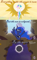 Size: 974x1587 | Tagged: safe, screencap, character:princess celestia, character:princess luna, episode:princess twilight sparkle, episode:the cutie mark chronicles, g4, my little pony: friendship is magic, eclipse, hub logo, moon, pink floyd, song reference, summer sun celebration, sun, sun work, the dark side of the moon