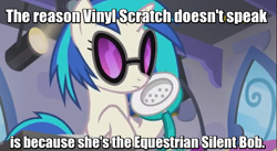 Size: 853x468 | Tagged: safe, screencap, character:dj pon-3, character:vinyl scratch, episode:slice of life, g4, my little pony: friendship is magic, 100th episode, clerks, headcanon, image macro, kevin smith, meme, silent bob, solo, theory, vinyl and octavia's home