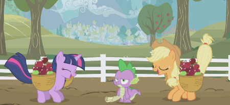 Size: 450x206 | Tagged: safe, screencap, character:applejack, character:spike, character:twilight sparkle, character:twilight sparkle (unicorn), species:dragon, species:earth pony, species:pony, species:unicorn, episode:the ticket master, g4, my little pony: friendship is magic, animated, apple, applejack's hat, basket, clothing, cowboy hat, cute, excited, eyes closed, female, frown, happy, hat, jackabetes, jumping, male, mare, open mouth, pronking, scroll, silly, silly pony, smiling, spike is not amused, twiabetes, unamused, who's a silly pony