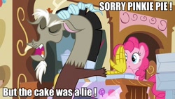 Size: 960x540 | Tagged: safe, screencap, character:discord, character:pinkie pie, episode:make new friends but keep discord, g4, my little pony: friendship is magic, angry, eyes closed, image macro, meme, rhyme, sugarcube corner, the cake is a lie