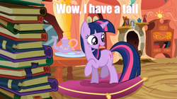 Size: 1025x576 | Tagged: safe, screencap, character:twilight sparkle, species:pony, species:unicorn, episode:spike at your service, g4, my little pony: friendship is magic, book, captain obvious, caption, female, image macro, looking back, mare, meme, open mouth, pillow, purple smart, raised hoof, raised leg, smiling, solo, sudden realization, tail, tea set, twilight's tail