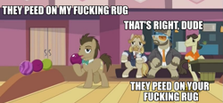 Size: 1073x500 | Tagged: safe, screencap, character:doctor whooves, character:jeff letrotski, character:time turner, species:pony, episode:slice of life, g4, my little pony: friendship is magic, bow tie, bowling, clothing, colter sobchak, discovery family logo, donny, image macro, male, meme, stallion, the big lebowski, tuxedo, vulgar