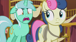 Size: 1023x567 | Tagged: safe, screencap, character:bon bon, character:lyra heartstrings, character:sweetie drops, episode:slice of life, g4, my little pony: friendship is magic, angry, bon bond, discovery family logo, lyra is not amused, open mouth, town hall