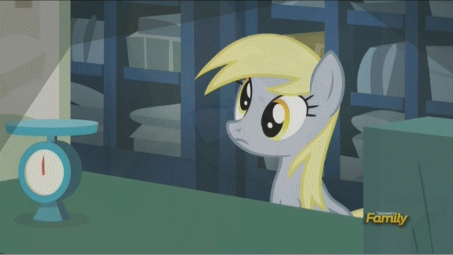Size: 640x360 | Tagged: safe, screencap, character:derpy hooves, species:pegasus, species:pony, episode:slice of life, g4, my little pony: friendship is magic, animated, basket, caption, female, gif with captions, mare, muffin, solo