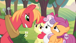 Size: 1152x648 | Tagged: safe, screencap, character:apple bloom, character:big mcintosh, character:scootaloo, character:sweetie belle, species:earth pony, species:pegasus, species:pony, episode:ponyville confidential, g4, my little pony: friendship is magic, angry, cutie mark crusaders, hub logo, male, stallion