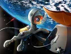 Size: 1568x1200 | Tagged: safe, artist:scootiebloom, oc, oc only, species:pony, g4, astronaut, earth, floating, satellite, solo, space, space suit, tether, zero gravity
