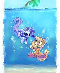 Size: 1800x2200 | Tagged: safe, artist:whitediamonds, character:applejack, character:rarity, species:earth pony, species:pony, species:unicorn, ship:rarijack, bedroom eyes, bubble, clothing, diving, female, fins, flippers, hat, lesbian, looking at each other, mare, mermaid, mermaidized, merpony, on melancholy hill, rarijack daily, shipping, smiling, snorkel, species swap, underwater, wide eyes