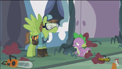 Size: 960x540 | Tagged: safe, screencap, character:douglas spruce, character:evergreen, character:spike, episode:princess spike, g4, my little pony: friendship is magic, cap, chainsaw, clothing, discovery family logo, goggles, hat, hoof shoes, pine tree, toolbelt, tree