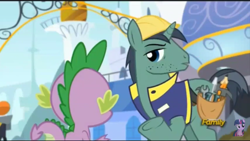 Size: 960x540 | Tagged: safe, screencap, character:constructicorn, character:spike, episode:princess spike, g4, my little pony: friendship is magic, construction pony, discovery family logo, hooves, stubble, toolbelt