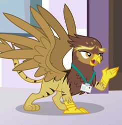 Size: 1047x1068 | Tagged: safe, screencap, character:galena, species:griffon, episode:princess spike, g4, my little pony: friendship is magic, background griffon, cropped, female, lanyard, name tag, open beak, raised claw, solo, spread wings, tiger griffon, wings
