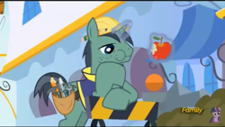Size: 960x540 | Tagged: safe, screencap, character:constructicorn, episode:princess spike, g4, my little pony: friendship is magic, apple, barricade, bored, clothing, construction pony, discovery family logo, eating, hard hat, hat, magic, pencil, stubble, toolbelt