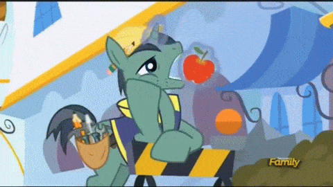 Size: 480x270 | Tagged: safe, screencap, character:constructicorn, episode:princess spike, g4, my little pony: friendship is magic, animated, apple, bored, construction pony, discovery family logo, eating, pencil, surprised, toolbelt