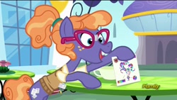 Size: 1920x1080 | Tagged: safe, screencap, character:frazzle rock, species:earth pony, species:pony, episode:princess spike, g4, my little pony: friendship is magic, adorkable, broken glasses, cute, diagram, discovery family logo, dork, female, frazzlebetes, glasses, happy, mare, nerd, nerd pony, solo, sweater vest
