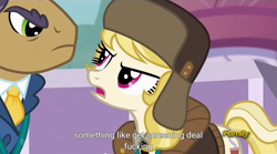 Size: 1279x712 | Tagged: safe, screencap, character:joe pescolt, character:march gustysnows, episode:princess spike, g4, my little pony: friendship is magic, meme, vulgar, youtube caption