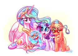 Size: 1800x1300 | Tagged: safe, artist:whitediamonds, character:applejack, character:princess celestia, character:rarity, species:alicorn, species:earth pony, species:pony, species:unicorn, ship:rarijack, bouquet, celestia day, clothing, female, flower, glasses, hat, lesbian, magic, mare, open mouth, rarijack daily, shipping, sitting, smiling, spread wings, summer solstice, summer sun celebration, sunflower, sunglasses, telekinesis, wings