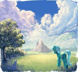 Size: 2465x2279 | Tagged: safe, artist:hunternif, character:lyra heartstrings, species:pony, species:rabbit, species:unicorn, butterfly, canterlot, cloud, cloudy, female, forest, grass, looking at you, looking back, mare, meadow, mountain, raised hoof, road, scenery, scenery porn, sky, smiling, solo, tree, underhoof