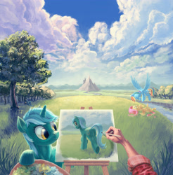Size: 4500x4568 | Tagged: safe, artist:hunternif, character:fluttershy, character:lyra heartstrings, character:rainbow dash, species:human, species:pegasus, species:pony, species:unicorn, absurd resolution, canterlot, cute, en plein air, eyes closed, fanfic art, female, flying, grass, grin, hand, legs in air, mare, mountain, offscreen character, on back, painting, picture, plein air, plot, pov, river, scenery, scenery porn, smiling, spread wings, wings
