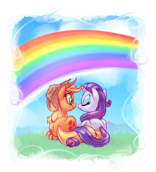 Size: 2000x2200 | Tagged: safe, artist:whitediamonds, character:applejack, character:rarity, species:earth pony, species:pony, species:unicorn, ship:rarijack, clothing, eyes closed, female, gay pride, gay pride flag, hat, intertwined tails, lesbian, lovewins, mare, pride, rainbow, rarijack daily, shipping, smiling