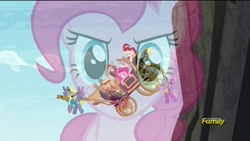 Size: 1920x1080 | Tagged: safe, screencap, character:cherry jubilee, character:cloudchaser, character:john bull, character:pinkie pie, character:promontory, character:sugar cookie, species:earth pony, species:pegasus, species:pony, episode:party pooped, g4, my little pony: friendship is magic, caboose, carrying, cliff, clothing, discovery family logo, evening star, falling, female, flashback, flying, frown, gritted teeth, hat, male, mare, open mouth, smiling, spread wings, stagecoach, stallion, stormfeather, wide eyes, wings, wonderbolts