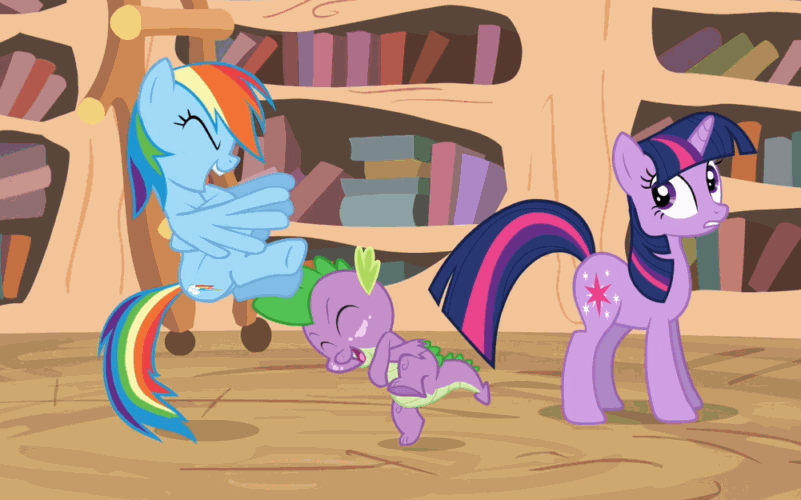 Size: 801x500 | Tagged: safe, screencap, character:rainbow dash, character:spike, character:twilight sparkle, episode:it's about time, g4, my little pony: friendship is magic, animated, golden oaks library, laughing, loop, standing, standing on one leg