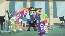 Size: 1920x1080 | Tagged: safe, screencap, character:applejack, character:fluttershy, character:pinkie pie, character:rainbow dash, character:rarity, character:sunset shimmer, equestria girls:friendship games, g4, my little pony:equestria girls, awkward, bobby hat, boots, bracelet, clothing, context is for the weak, cowboy boots, cowboy hat, drum kit, drums, equestrian, farmer pinkie, hat, helmet, high heel boots, hockey, hockey helmet, hockey mask, hockey stick, jewelry, mask, musical instrument, piano, police, police uniform, pun, rozzer dash, shoes, skirt, sports, sunset welder, visual gag, wat, welding mask