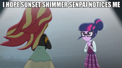 Size: 898x500 | Tagged: safe, screencap, character:sunset shimmer, character:twilight sparkle, character:twilight sparkle (scitwi), species:eqg human, ship:scitwishimmer, ship:sunsetsparkle, equestria girls:friendship games, g4, my little pony:equestria girls, female, image macro, lesbian, meme, senpai, shipping