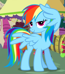 Size: 416x474 | Tagged: safe, screencap, character:rainbow dash, episode:just for sidekicks, g4, my little pony: friendship is magic, lidded eyes, looking at you, solo, sultry pose, wing gesture