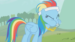 Size: 960x540 | Tagged: safe, screencap, character:rainbow dash, episode:call of the cutie, g4, my little pony: friendship is magic, blowing, coach, eyes closed, headband, kite flying, puffy cheeks, rainblow dash, rainbow dashs coaching whistle, solo, spit, spitting, whistle, whistle necklace