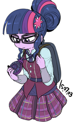 Size: 849x1410 | Tagged: safe, artist:nekubi, character:twilight sparkle, character:twilight sparkle (scitwi), species:eqg human, equestria girls:friendship games, g4, my little pony:equestria girls, amulet, clothing, crystal prep academy, female, glasses, hair bun, magic capture device, pleated skirt, school uniform, simple background, skirt, solo, white background