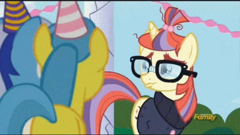Size: 480x270 | Tagged: safe, screencap, character:lemon hearts, character:minuette, character:moondancer, episode:amending fences, g4, my little pony: friendship is magic, animated, broken glasses, clothing, crying, cute, dancerbetes, dawwww, floppy ears, hat, heartwarming, hnnng, party hat