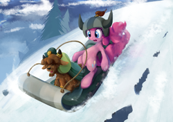 Size: 1706x1200 | Tagged: safe, artist:scootiebloom, character:pinkie pie, species:earth pony, species:pony, species:yak, episode:party pooped, g4, my little pony: friendship is magic, belly button, calf, female, helmet, horn ring, horned helmet, mare, scene interpretation, sled, sledding, snow, viking helmet, yak calf, young