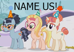 Size: 479x335 | Tagged: safe, screencap, character:booksmart, character:honey lemon, character:morning roast, species:pony, species:unicorn, episode:amending fences, g4, my little pony: friendship is magic, big hero 6, clothing, eyebrows, glasses, hat, lidded eyes, party hat, raised hoof, smiling