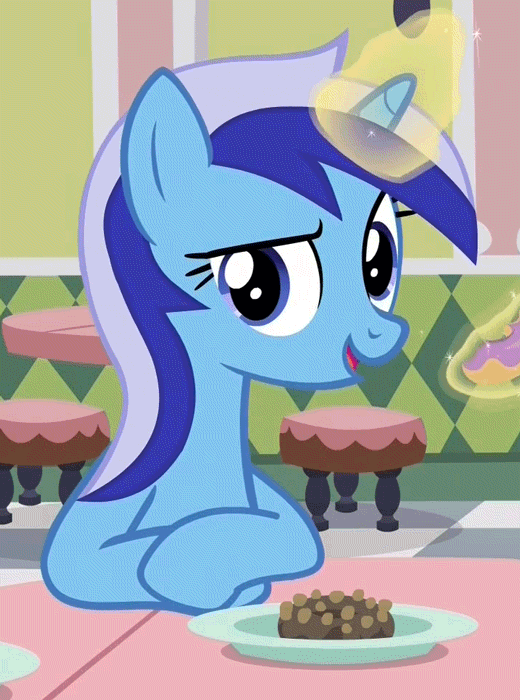 Size: 520x700 | Tagged: safe, screencap, character:minuette, episode:amending fences, g4, my little pony: friendship is magic, animated, cute, donut, eating, looking at you, minubetes, scrunchy face, solo