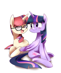 Size: 1000x1200 | Tagged: safe, artist:sion-ara, character:moondancer, character:twilight sparkle, character:twilight sparkle (alicorn), species:alicorn, species:pony, ship:twidancer, episode:amending fences, g4, my little pony: friendship is magic, cute, eyes closed, female, glasses, lesbian, mare, open mouth, shipping, sitting, smiling