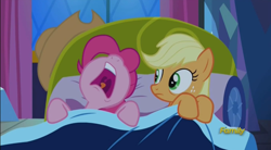 Size: 854x471 | Tagged: safe, screencap, character:applejack, character:pinkie pie, episode:do princesses dream of magic sheep?, bed, nose in the air, sleeping, snoring, volumetric mouth