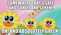 Size: 861x500 | Tagged: safe, screencap, episode:do princesses dream of magic sheep?, a troll in central park, image macro, lyrics, meme, nightmare fuel, nightmare sunflower, pure unfiltered evil, song reference, sunflower