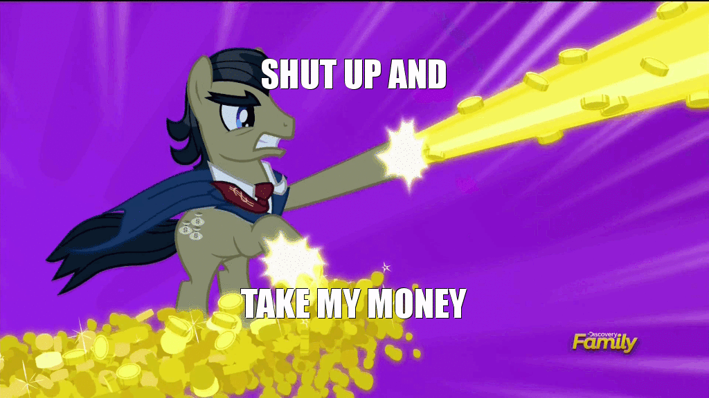 Size: 1024x576 | Tagged: safe, screencap, character:filthy rich, episode:do princesses dream of magic sheep?, animated, futurama, image macro, loop, meme, shut up and take my money, super rich, the money warrior