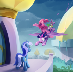 Size: 1221x1200 | Tagged: safe, artist:scootiebloom, character:minuette, character:pinkie pie, character:spike, character:twilight sparkle, character:twilight sparkle (alicorn), species:alicorn, species:pony, episode:amending fences, g4, my little pony: friendship is magic, canterlot, feather, female, flying, mare, plot, ponies riding ponies, scene interpretation, underhoof