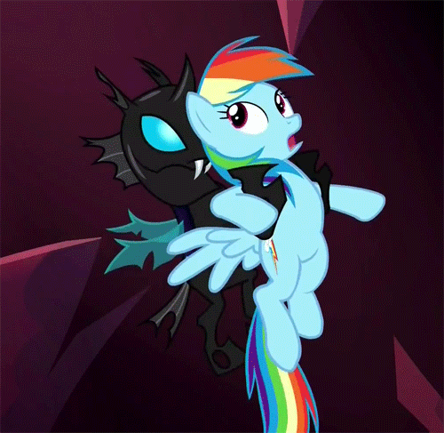 Size: 500x487 | Tagged: safe, screencap, character:rainbow dash, species:changeling, episode:do princesses dream of magic sheep?, animated, eyes closed, fangs, frown, open mouth, out of context, restrained, smirk, spread wings, wings