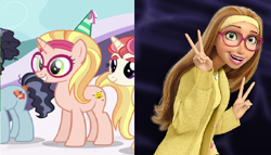 Size: 764x436 | Tagged: safe, screencap, character:booksmart, character:honey lemon, character:morning roast, species:pony, species:unicorn, episode:amending fences, g4, my little pony: friendship is magic, big hero 6, clothing, comparison, glasses, hat, looking at you, op is a slowpoke, party hat, peace sign, slowpoke, smiling