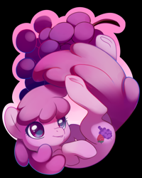 Size: 1600x2000 | Tagged: safe, artist:sambragg, character:berry punch, character:berryshine, species:earth pony, species:pony, black background, falling, female, grapes, looking sideways, mare, simple background, solo, underhoof