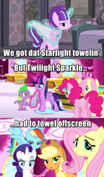 Size: 1280x2160 | Tagged: safe, screencap, character:applejack, character:fluttershy, character:pinkie pie, character:rainbow dash, character:rarity, character:spike, character:starlight glimmer, character:twilight sparkle, character:twilight sparkle (alicorn), species:alicorn, species:pony, episode:do princesses dream of magic sheep?, episode:the cutie map, g4, my little pony: friendship is magic, bags under eyes, caption, dat towelin', mane six, meme, offscreen character, s5 starlight, towel, wet, wet mane