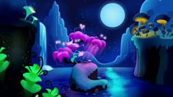 Size: 1920x1080 | Tagged: safe, screencap, character:princess luna, species:alicorn, species:pony, episode:do princesses dream of magic sheep?, cute, dream, eyes closed, female, flower, giant flower, giant mushroom, glowing flower, glowing mushroom, luna's dream, mare, moon, mushroom, night, pond, prone, scenery, scenery porn, sleeping, solo, waterfall