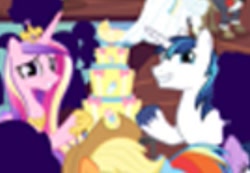 Size: 321x222 | Tagged: safe, screencap, character:applejack, character:cranky doodle donkey, character:matilda, character:princess cadance, character:rainbow dash, character:shining armor, character:twilight sparkle, character:wind rider, species:donkey, ship:crankilda, ship:shiningcadance, episode:the one where pinkie pie knows, g4, my little pony: friendship is magic, cake, female, implied pregnancy, male, needs more jpeg, shipping, straight