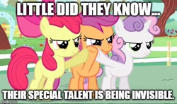 Size: 568x335 | Tagged: safe, screencap, character:apple bloom, character:scootaloo, character:sweetie belle, species:pegasus, species:pony, cutie mark crusaders, meme