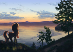 Size: 4961x3508 | Tagged: safe, artist:hunternif, oc, oc only, species:earth pony, species:pony, absurd resolution, detailed, dusk, evening, firefly, lake, scenery, solo, sunset, tree, twilight (astronomy)