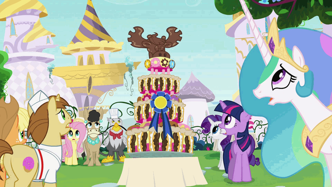 Size: 1152x648 | Tagged: safe, screencap, character:applejack, character:donut joe, character:fluttershy, character:gustave le grande, character:pinkie pie, character:princess celestia, character:rarity, character:twilight sparkle, species:donkey, species:griffon, episode:mmmystery on the friendship express, g4, my little pony: friendship is magic, animated, animation error, belly, bloated, blue ribbon, bouncing, cake, canterlot, color banding, cute, dive bomb, diving, donut, eating, eclair, fat, gustave le grande, marzipan mascarpone meringue madness, mousse moose, mulia mild, open mouth, piggy pie, pinkie being pinkie, plate, plot, pudgy pie, shocked, sin of gluttony, smiling, spread wings, stare, stuffed, this will end in tummy aches, tongue out, tower, waving, weight gain, wings, wow pinkie